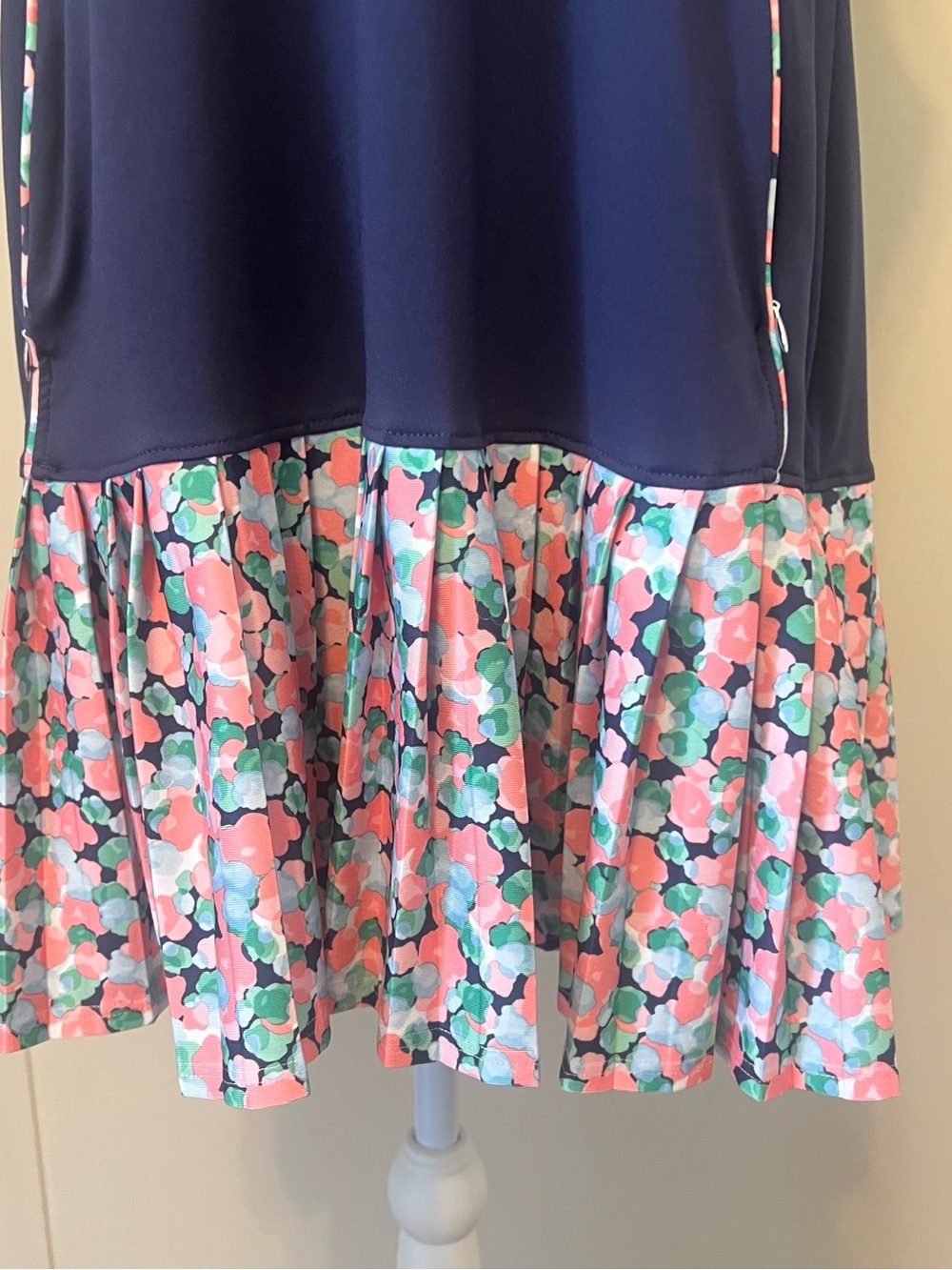 Pebble Beach Navy Sleeveless Dress with Coral & Teal Floral Trim - Picture 2 of 9
